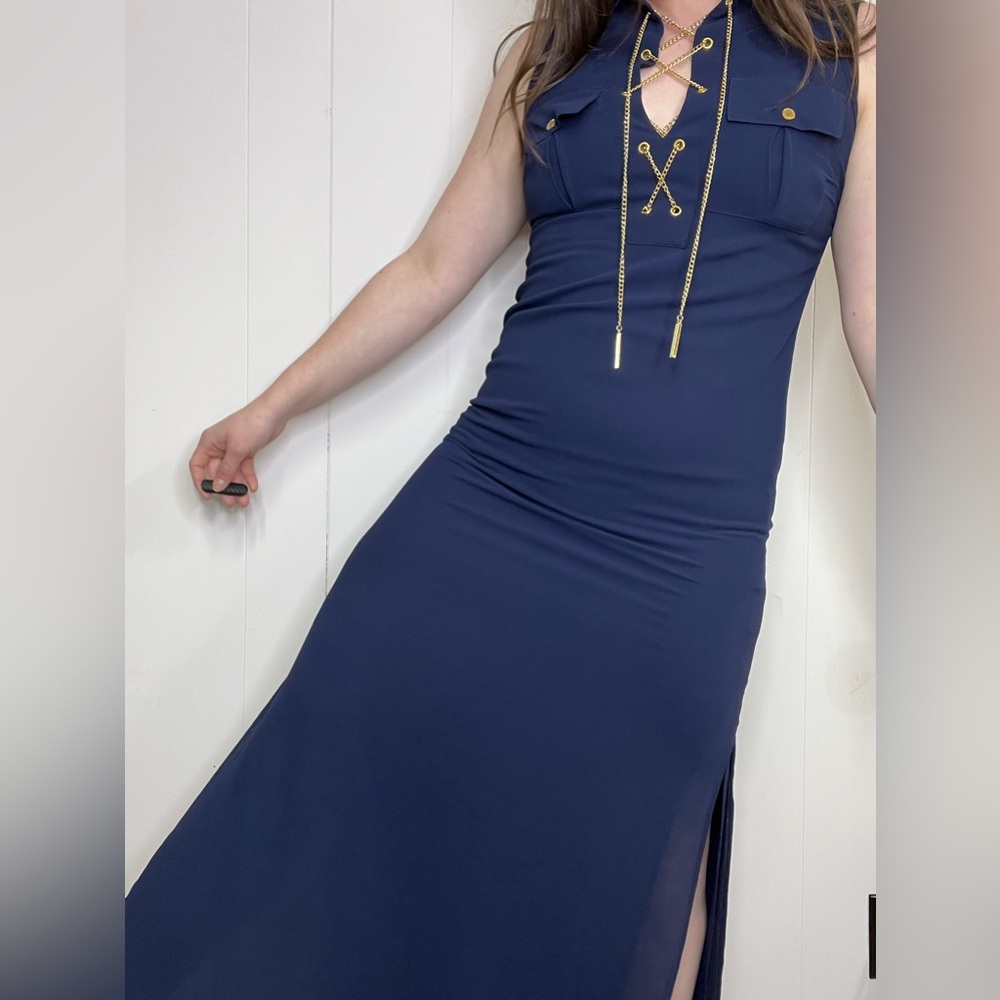 Micheal Kors Navy Sleeveless Maxi Dress With Chain Lace Up Neckline - Picture 16 of 16